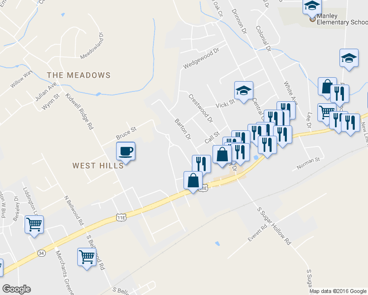 map of restaurants, bars, coffee shops, grocery stores, and more near 528 East Sunset Hills in Morristown