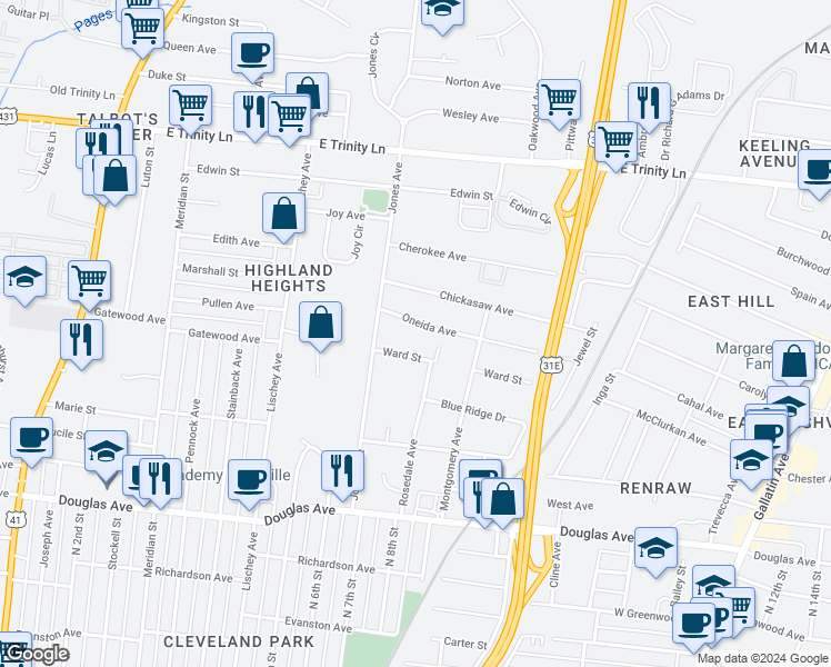 map of restaurants, bars, coffee shops, grocery stores, and more near 718 Oneida Avenue in Nashville