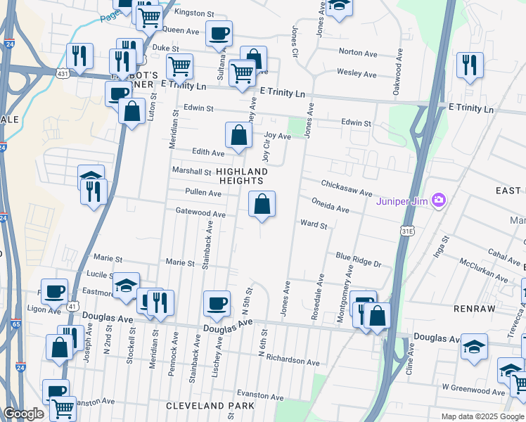map of restaurants, bars, coffee shops, grocery stores, and more near 1502 Jones Avenue in Nashville