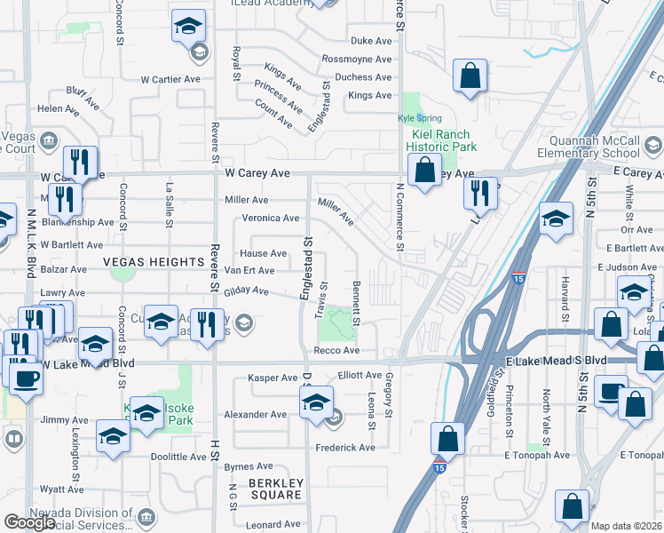 map of restaurants, bars, coffee shops, grocery stores, and more near 420 Kris Circle in North Las Vegas