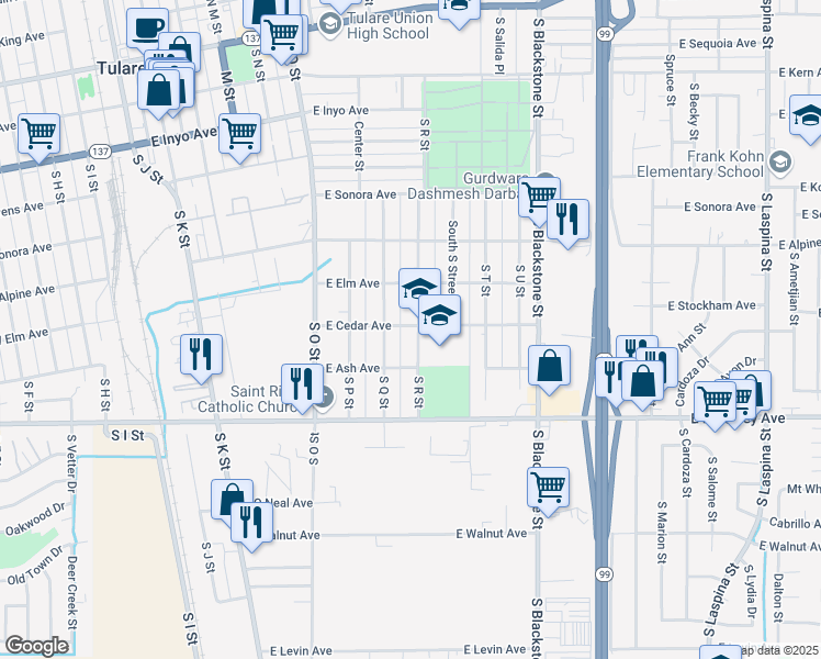 map of restaurants, bars, coffee shops, grocery stores, and more near 801 South R Street in Tulare