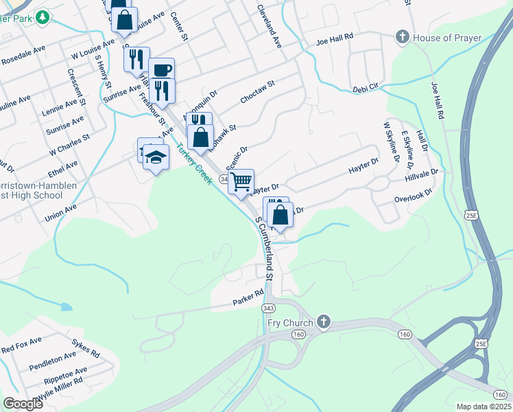 map of restaurants, bars, coffee shops, grocery stores, and more near 1617 South Cumberland Street in Morristown