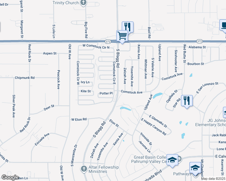 map of restaurants, bars, coffee shops, grocery stores, and more near 21 Queenstar Street in Pahrump