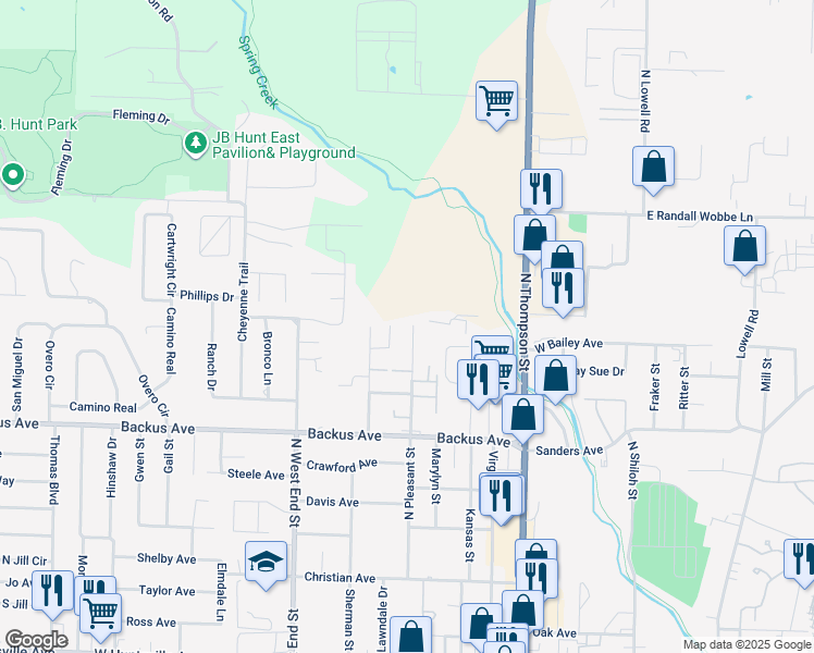 map of restaurants, bars, coffee shops, grocery stores, and more near 1508 North Pleasant Street in Springdale
