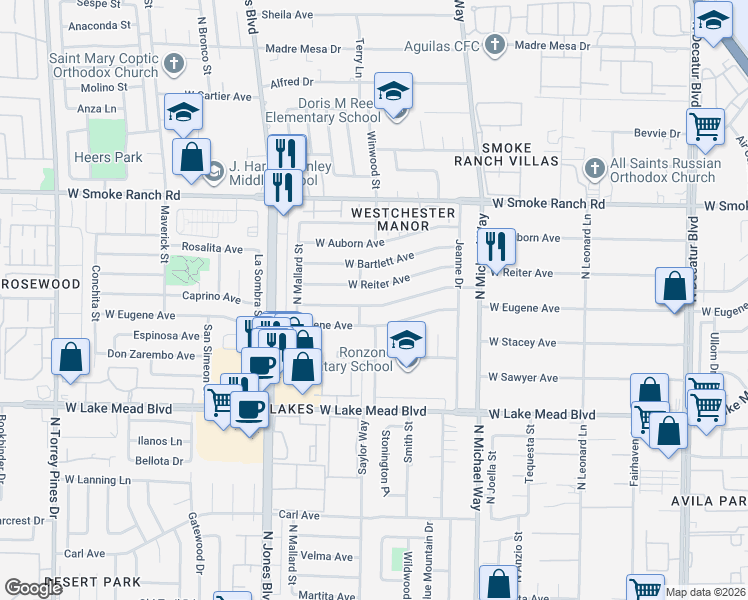 map of restaurants, bars, coffee shops, grocery stores, and more near 5712 West Balzar Avenue in Las Vegas