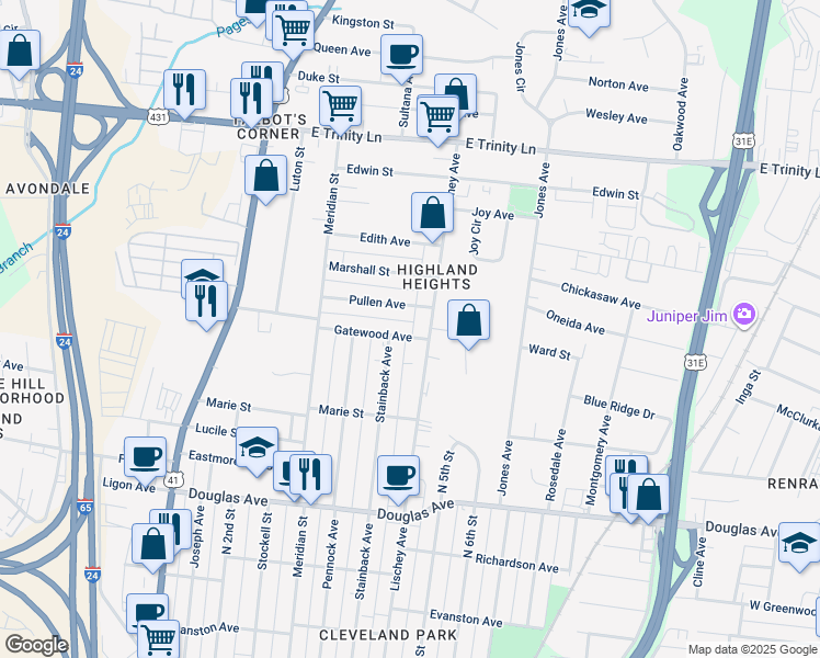 map of restaurants, bars, coffee shops, grocery stores, and more near 339 Gatewood Avenue in Nashville