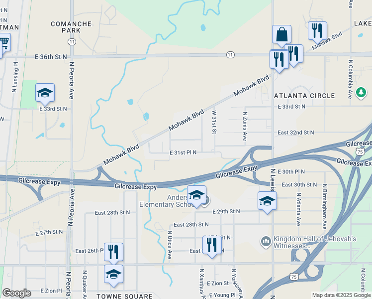 map of restaurants, bars, coffee shops, grocery stores, and more near 1731 East 31st Place North in Tulsa
