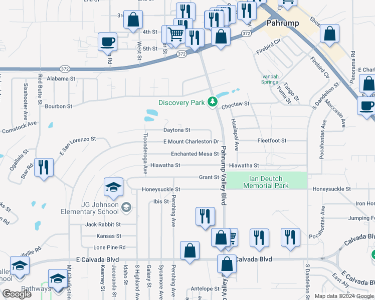 map of restaurants, bars, coffee shops, grocery stores, and more near 1230 Enchanted Mesa Street in Pahrump