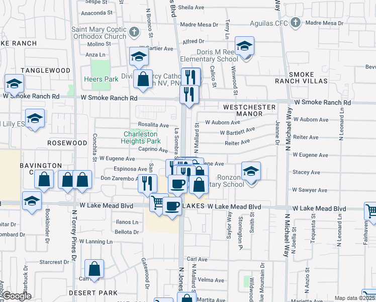 map of restaurants, bars, coffee shops, grocery stores, and more near 2201 La Sombra Street in Las Vegas