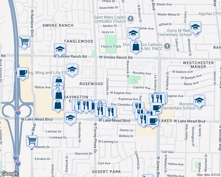 map of restaurants, bars, coffee shops, grocery stores, and more near 2136 Conchita Street in Las Vegas