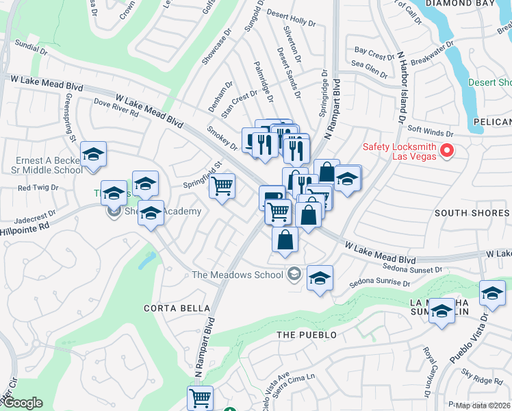 map of restaurants, bars, coffee shops, grocery stores, and more near 2129 Fountain View Drive in Las Vegas