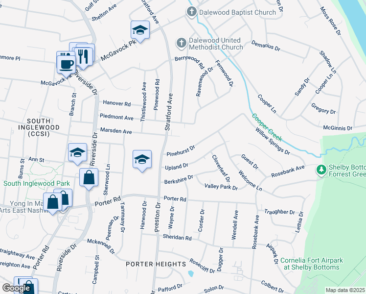 map of restaurants, bars, coffee shops, grocery stores, and more near 1911 Pinehurst Drive in Nashville