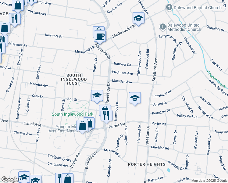 map of restaurants, bars, coffee shops, grocery stores, and more near 1909 Riverside Drive in Nashville