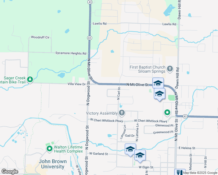 map of restaurants, bars, coffee shops, grocery stores, and more near 1304 Hunter Ridge in Siloam Springs