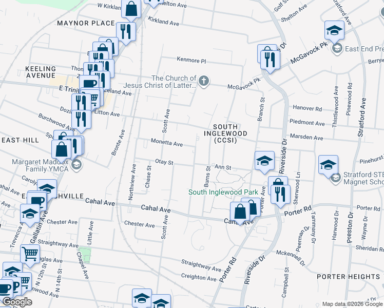 map of restaurants, bars, coffee shops, grocery stores, and more near 2225 Pennington Avenue in Nashville