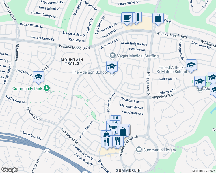 map of restaurants, bars, coffee shops, grocery stores, and more near 2120 Crestline Falls Place in Las Vegas