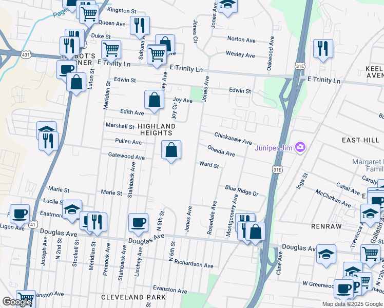 map of restaurants, bars, coffee shops, grocery stores, and more near 1502 Jones Avenue in Nashville
