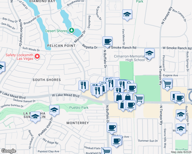 map of restaurants, bars, coffee shops, grocery stores, and more near 2130 Sealion Drive in Las Vegas