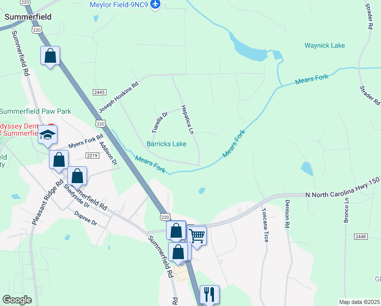 map of restaurants, bars, coffee shops, grocery stores, and more near 7303 Hepatica Lane in Summerfield