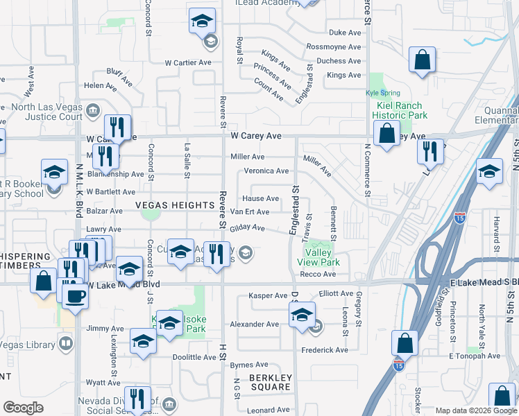 map of restaurants, bars, coffee shops, grocery stores, and more near 628 Van Ert Avenue in North Las Vegas