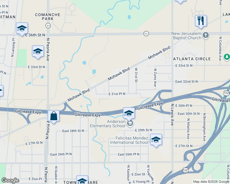 map of restaurants, bars, coffee shops, grocery stores, and more near 1731 East 31st Place North in Tulsa