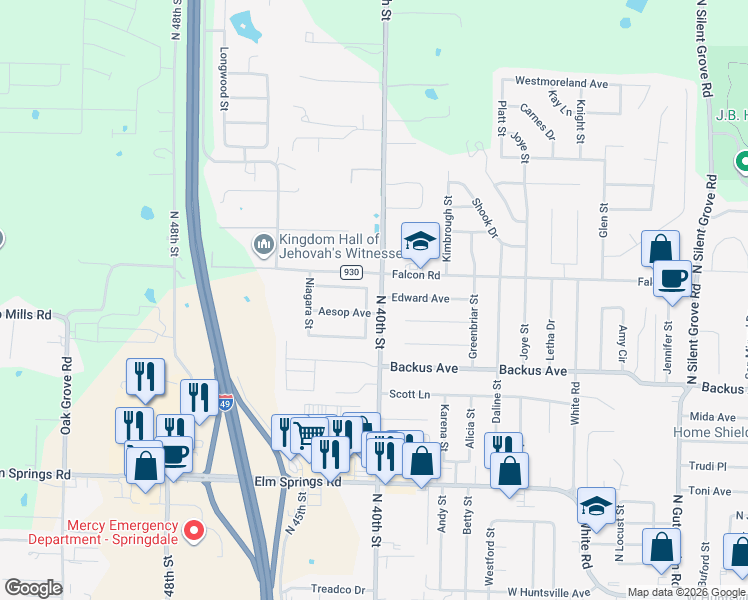 map of restaurants, bars, coffee shops, grocery stores, and more near 1601 Seneca Street in Springdale