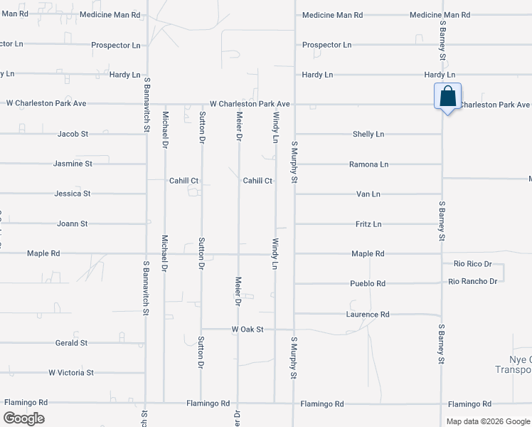 map of restaurants, bars, coffee shops, grocery stores, and more near 1350 Windy Lane in Pahrump