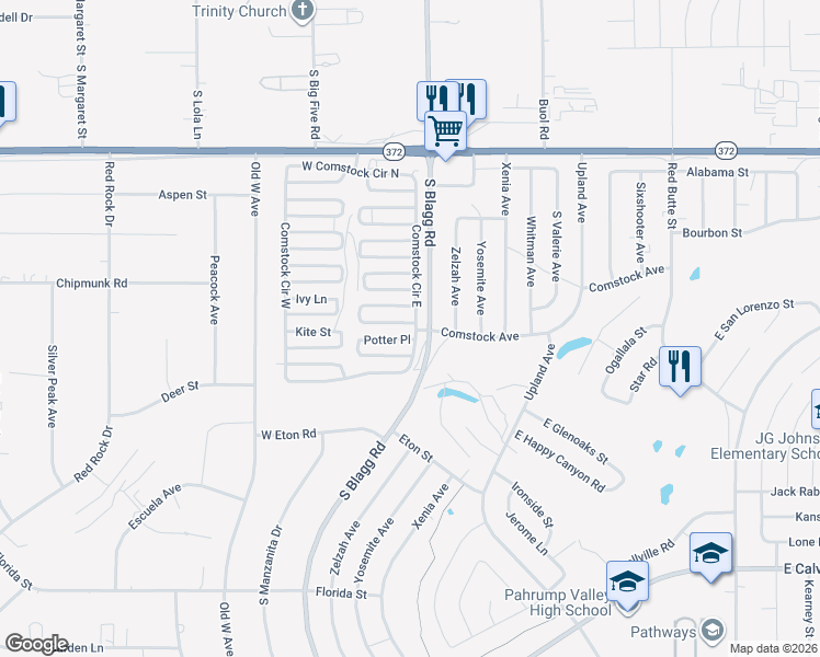 map of restaurants, bars, coffee shops, grocery stores, and more near 31 Queenstar Street in Pahrump
