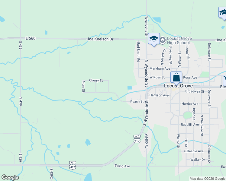map of restaurants, bars, coffee shops, grocery stores, and more near 301 Peach Street in Locust Grove