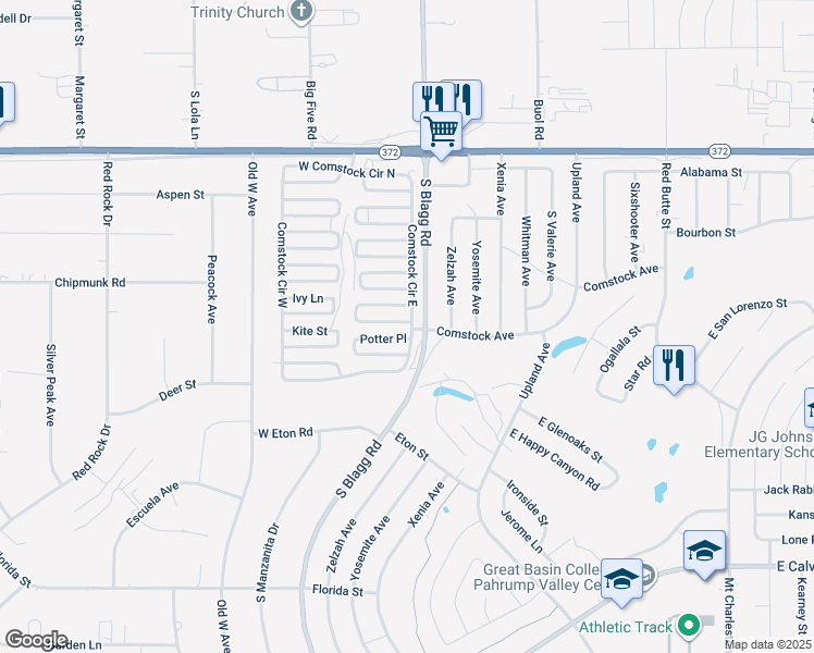 map of restaurants, bars, coffee shops, grocery stores, and more near 21 Queenstar Street in Pahrump