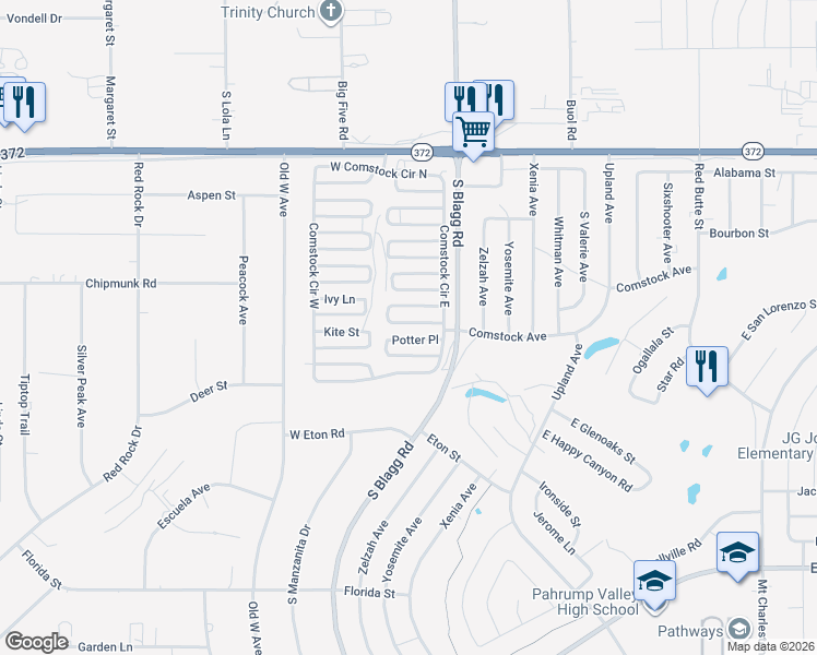 map of restaurants, bars, coffee shops, grocery stores, and more near 91 Queenstar Street in Pahrump