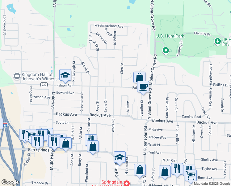 map of restaurants, bars, coffee shops, grocery stores, and more near 1507 White Road in Springdale