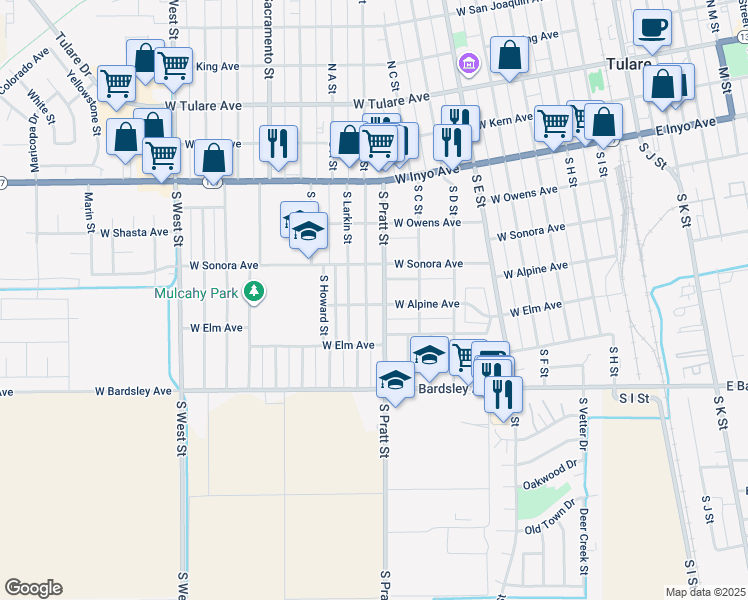 map of restaurants, bars, coffee shops, grocery stores, and more near 812 W Alpine Ave in Tulare