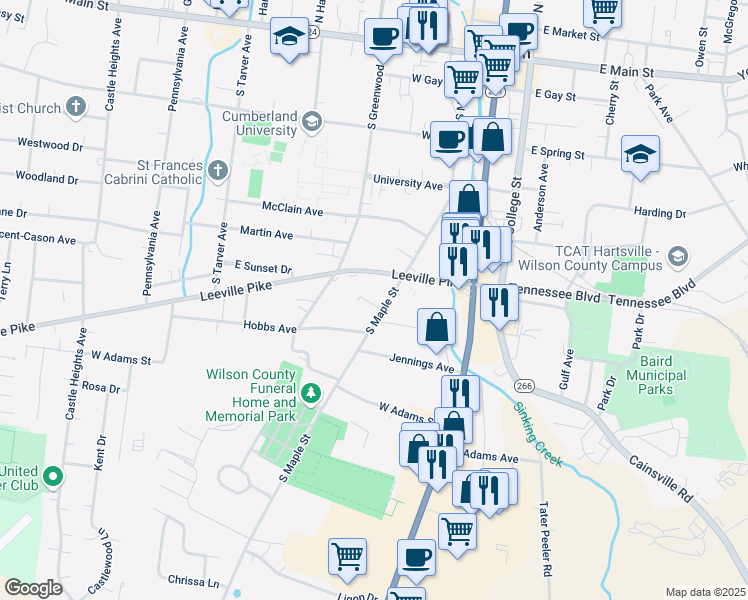 map of restaurants, bars, coffee shops, grocery stores, and more near 414 South Maple Street in Lebanon