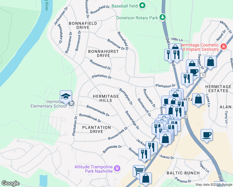 map of restaurants, bars, coffee shops, grocery stores, and more near 3910 Bonnavista Drive in Nashville