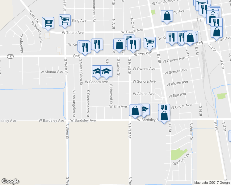 map of restaurants, bars, coffee shops, grocery stores, and more near 553 South Larkin Street in Tulare