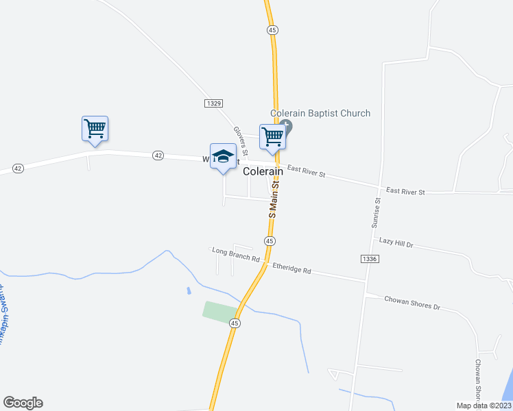 map of restaurants, bars, coffee shops, grocery stores, and more near 107 West Academy Street in Colerain