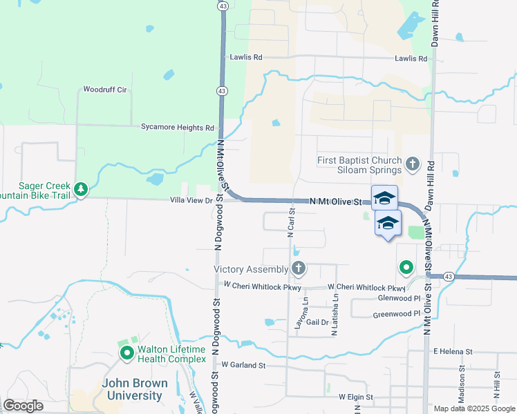 map of restaurants, bars, coffee shops, grocery stores, and more near 1304 Hunter Ridge in Siloam Springs