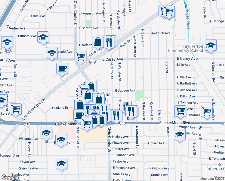 map of restaurants, bars, coffee shops, grocery stores, and more near 2535 Judson Avenue in North Las Vegas