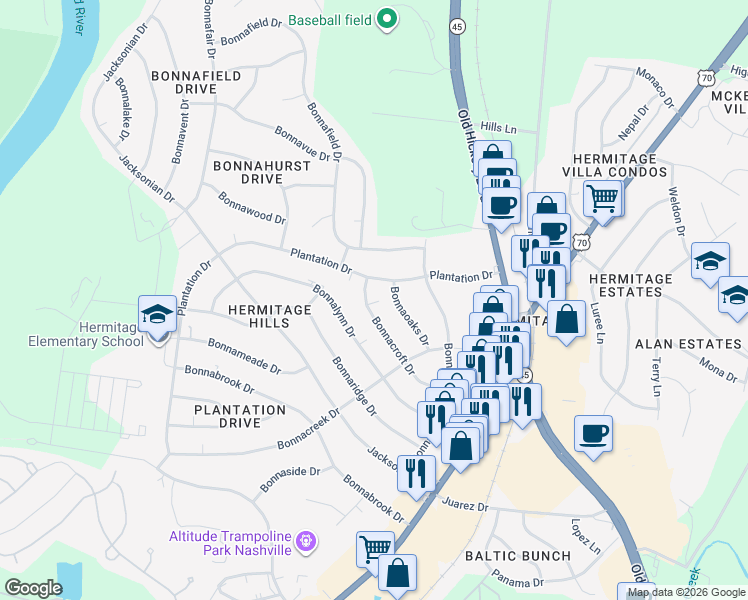 map of restaurants, bars, coffee shops, grocery stores, and more near 237 Bonnacroft Drive in Nashville