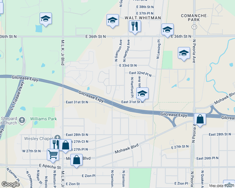map of restaurants, bars, coffee shops, grocery stores, and more near 3115 North Garrison Avenue in Tulsa
