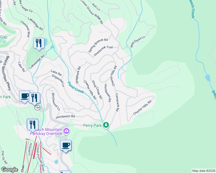 map of restaurants, bars, coffee shops, grocery stores, and more near 182 Hornbeam Road in Beech Mountain