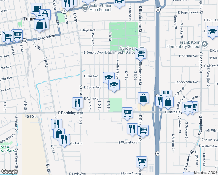 map of restaurants, bars, coffee shops, grocery stores, and more near 909 East Cedar Avenue in Tulare