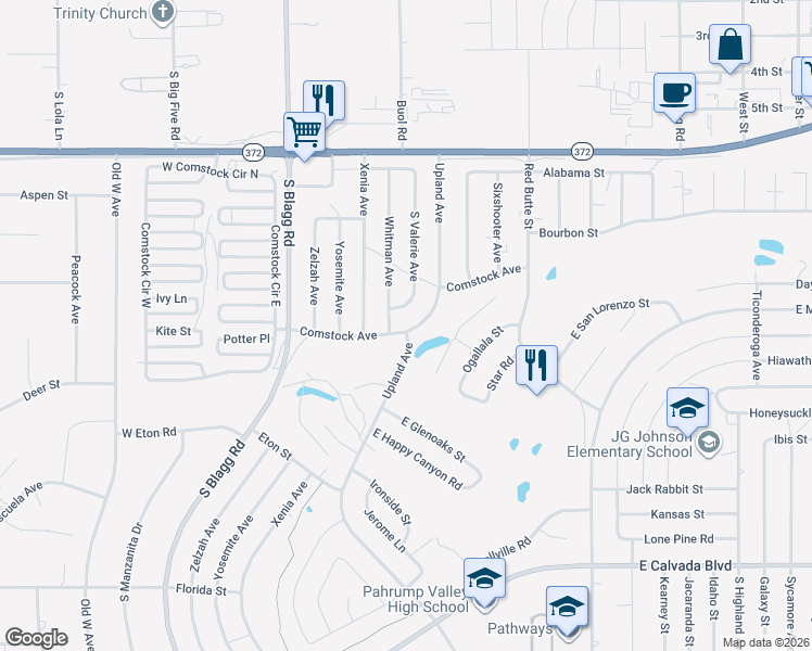 map of restaurants, bars, coffee shops, grocery stores, and more near 250 Comstock Avenue in Pahrump
