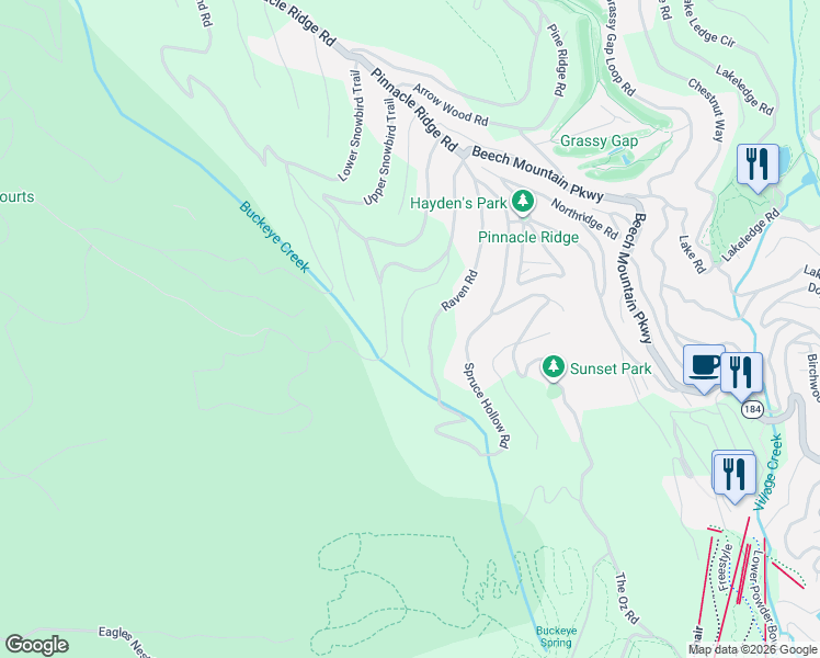 map of restaurants, bars, coffee shops, grocery stores, and more near 119 Hummingbird Road in Beech Mountain