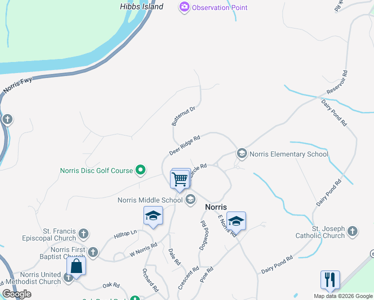 map of restaurants, bars, coffee shops, grocery stores, and more near 44 Deer Ridge Rd in Norris