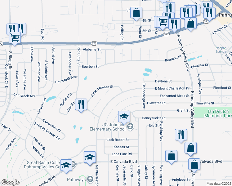 map of restaurants, bars, coffee shops, grocery stores, and more near 860 East Mount Charleston Drive in Pahrump
