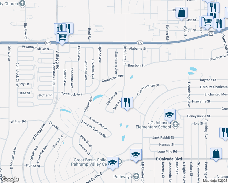 map of restaurants, bars, coffee shops, grocery stores, and more near 1361 Ogallala Street in Pahrump