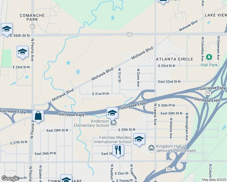 map of restaurants, bars, coffee shops, grocery stores, and more near 3121 North Wheeling Place in Tulsa