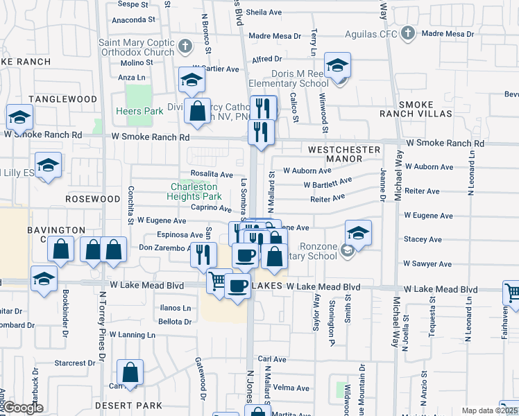 map of restaurants, bars, coffee shops, grocery stores, and more near 2201 La Sombra Street in Las Vegas